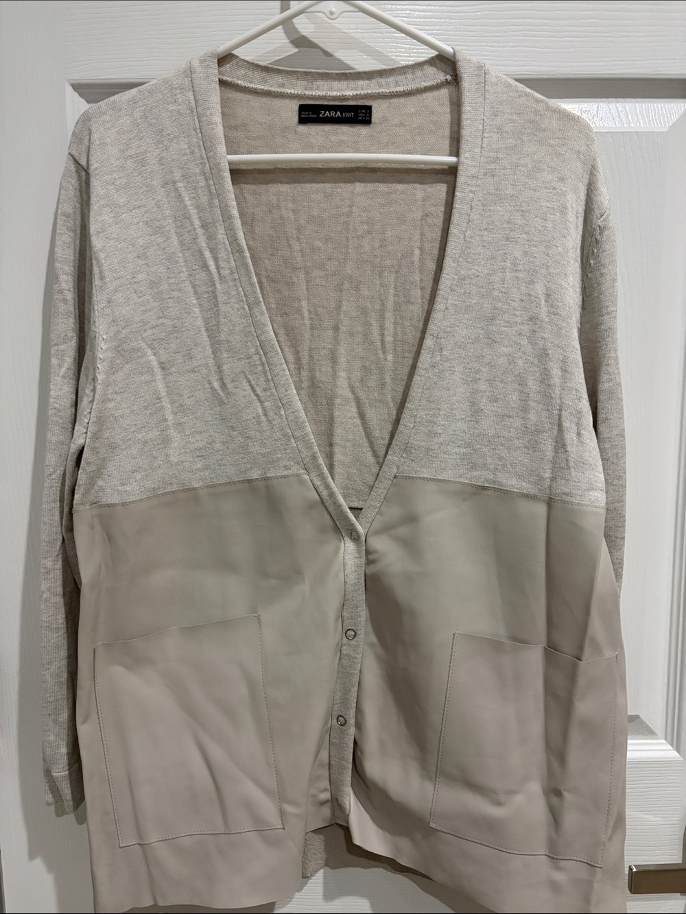 Zara Knit V Neck Beige Faux Leather Cardigan, Snap Button, Size S